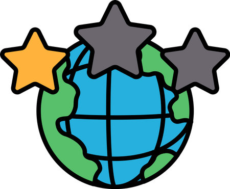 A cartoon drawing of a globe with three stars on it. The globe is green and blue, and the stars are black and yellow. The drawing conveys a sense of wonder and curiosity about the worldのイラスト素材