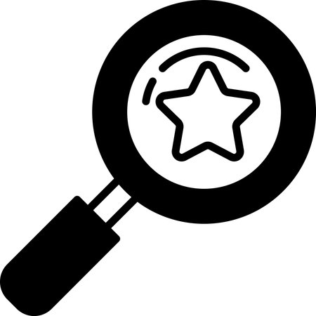 A black and white image of a magnifying glass with a star in the center. The star is surrounded by a circle, and the magnifying glass is pointing towards it. Concept of curiosity and discoveryのイラスト素材