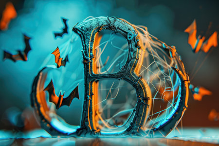 The letter B is surrounded by bats and a spider web. The bats are scattered around the letter, with some closer to the top and others closer to the bottomの素材