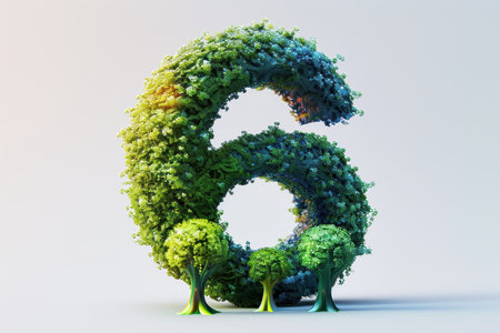 A tree is growing in front of the number 6. The tree is green and orange, and it is surrounded by a circle. The image has a playfulの素材