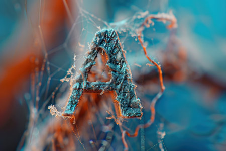 A spider web is seen above the letter A. The spider web is made of strings and is very intricateの素材