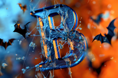 The letter B is surrounded by bats and a spider web. The bats are scattered around the letter, with some closer to the top and others closer to the bottomの素材