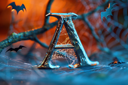 A spider web is seen above the letter A. The spider web is made of strings and is very intricateの素材