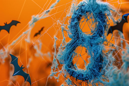 The image is a Halloween-themed design featuring a spider web and bats. The number 8 is prominently displayed in blue, surrounded by a web of spiders and bats. Scene is spooky and eerieの素材