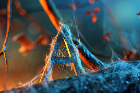 A spider web is seen above the letter A. The spider web is made of strings and is very intricateの素材