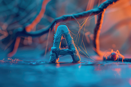 A spider web is seen above the letter A. The spider web is made of strings and is very intricateの素材