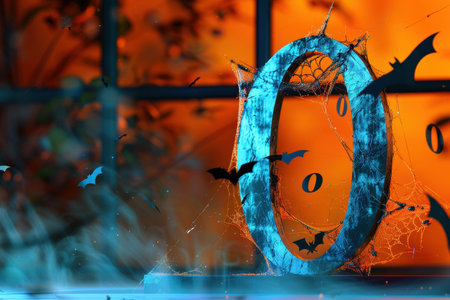 The image is a close up of the number 0 with a spider web pattern surrounding it. The number 0 is surrounded by a web of strings that are orange and blue in colorの素材