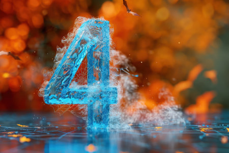 A scary Halloween scene with bats flying around and a number 4 in the middle. The number 4 is surrounded by fire and has a skull on itの素材