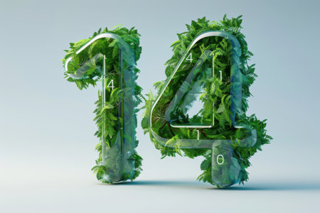 The number 14 is made out of green leaves and is surrounded by a clear glass border. The image has a whimsical and playful feel to it, as if it were a piece of art rather than a simple numberの素材