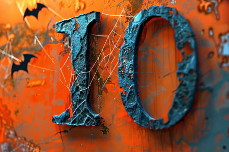 The number 10 is written in a spider web pattern on an orange background. The image has a spooky and eerie vibe, with the spider web design and the presence of bats in the backgroundの素材