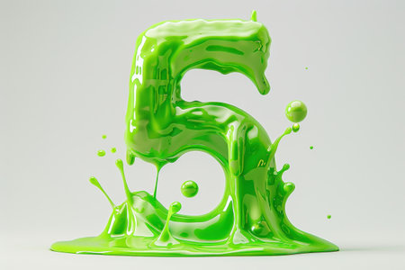 A green number 5 is made of slime. The number is surrounded by a green liquid that is dripping from it. The image has a playful and fun mood, as the number 5 is made of a non-traditional materialの素材