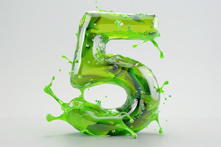 A green number 5 is made of slime. The number is surrounded by a green liquid that is dripping from it. The image has a playful and fun mood, as the number 5 is made of a non-traditional materialの素材
