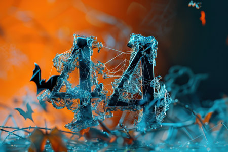 A scary Halloween scene with bats flying around and a number 4 in the middle. The number 4 is surrounded by fire and has a skull on itの素材