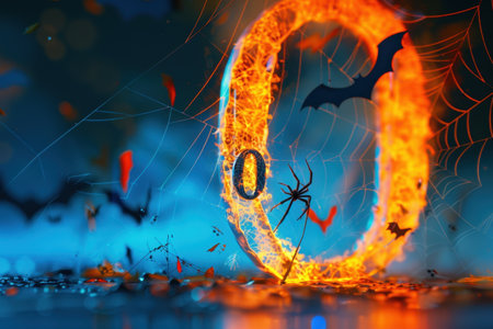 The image is a close up of the number 0 with a spider web pattern surrounding it. The number 0 is surrounded by a web of strings that are orange and blue in colorの素材