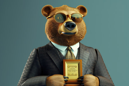 A bear wearing glasses and a suit holding a gold framed certificateの素材