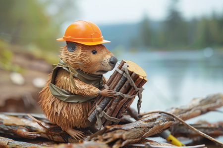 A small brown animal with a yellow helmet is standing on a log near a house. The animal is holding a book in its mouth. The scene has a playful and whimsical moodの素材