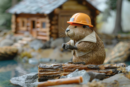 A small brown animal with a yellow helmet is standing on a log near a house. The animal is holding a book in its mouth. The scene has a playful and whimsical moodの素材