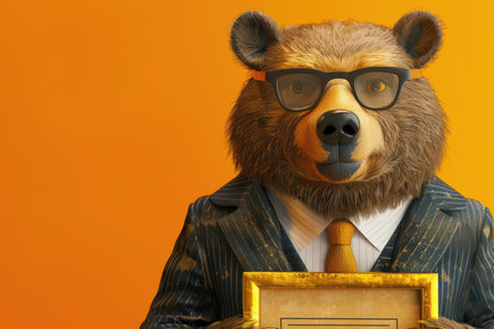 A bear wearing glasses and a suit holding a gold framed certificateの素材