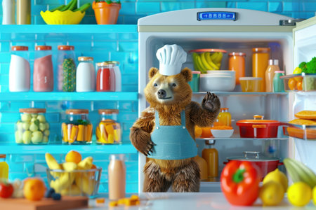 A cartoon bear is in a kitchen with a chef hat on and is holding a plate of food. The bear is surrounded by various fruits and vegetables, including apples, oranges, and carrotsの素材