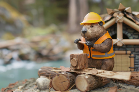 A small brown animal with a yellow helmet is standing on a log near a house. The animal is holding a book in its mouth. The scene has a playful and whimsical moodの素材