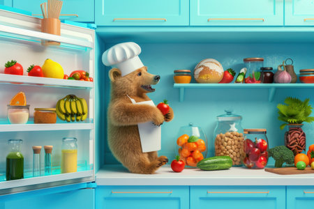 A cartoon bear is in a kitchen with a chef hat on and is holding a plate of food. The bear is surrounded by various fruits and vegetables, including apples, oranges, and carrotsの素材