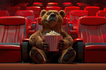 A bear is sitting in a movie theater and holding a popcorn bucket. The bear is wearing a red and white striped shirtの素材