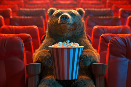 A bear is sitting in a movie theater and holding a popcorn bucket. The bear is wearing a red and white striped shirtの素材