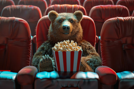 A bear is sitting in a movie theater and holding a popcorn bucket. The bear is wearing a red and white striped shirtの素材