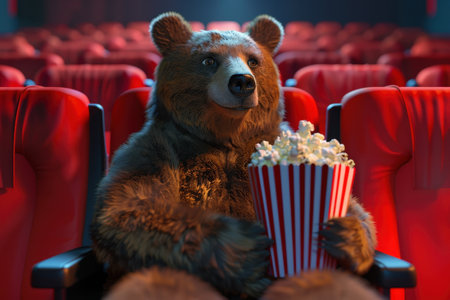A bear is sitting in a movie theater and holding a popcorn bucket. The bear is wearing a red and white striped shirtの素材
