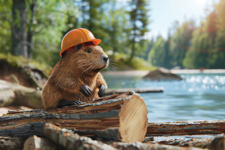 A small brown animal with a yellow helmet is standing on a log near a house. The animal is holding a book in its mouth. The scene has a playful and whimsical moodの素材