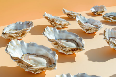A pattern of oyster shells on a background. The shells are arranged in a way that creates a sense of depth and texture. Scene is serene and calmingの素材