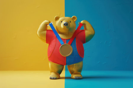 A bear is holding a gold medal in its mouth. The bear is wearing a red and blue outfitの素材