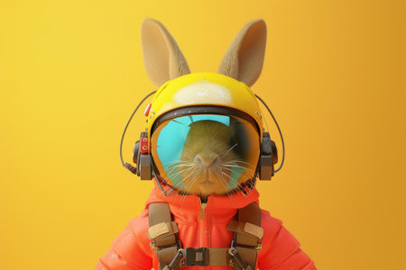A rabbit wearing a helmet and goggles is looking at the cameraの素材