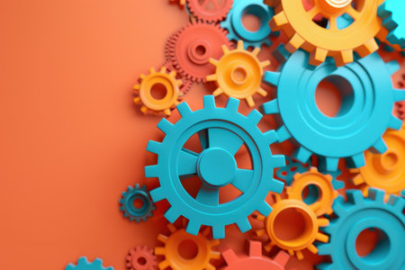 A close up of a bunch of gears with one of them being the center of attention. The gears are all different sizes and shapes, but they all have a similar metallic appearanceの素材