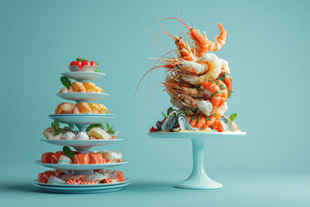 A stack of food with shrimp and lime on top. The food is piled high and the image has a playful and fun moodの素材