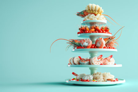 A stack of food with shrimp and lime on top. The food is piled high and the image has a playful and fun moodの素材