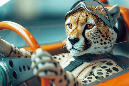 A leopard is driving a race car with a yellow helmet on. The car is yellow and has a checkered pattern with Generative AIの素材