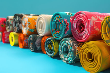 A stack of colorful rolls of fabric with a yellow background. The rolls are of different colors and patterns, creating a vibrant and lively atmosphereの素材