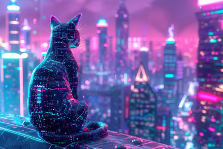 A cat is sitting on a ledge in a city at night. The cat is looking at the camera with Generative AIの素材