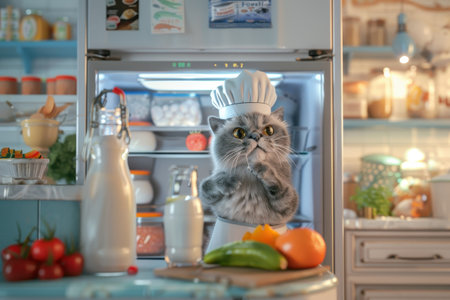 A cat wearing a chef's hat is standing in front of a refrigerator. The cat is looking inside the refrigerator and he is curious about what's inside. The image has a playful and lighthearted moodの素材