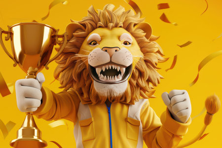 A lion is holding a trophy in a gold cup. The lion is surrounded by confetti, which adds to the celebratory mood of the image with Generative AIの素材