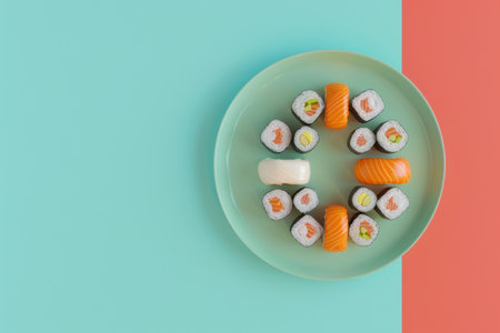 A plate of sushi with a background. The sushi is arranged in a circle and has a variety of colorsの素材
