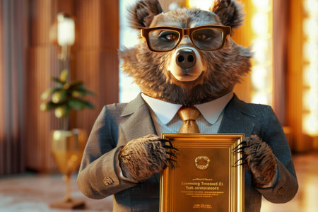 A bear wearing glasses and a suit holding a gold framed certificateの素材