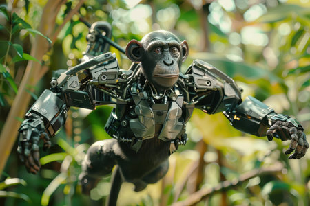 A monkey in a suit is swinging from a tree branch. The monkey is wearing a helmet and has a gun in its hand. The scene is set in a jungle, with lush green foliage and a sense of adventure with Generative AIの素材