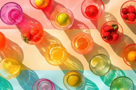 A colorful assortment of fruit in bowls on a table. The bowls are filled with oranges, kiwis, strawberries, and other fruits. Concept of abundance and freshness, as well as a healthyの素材