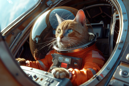 A cat in a space suit is driving a spaceship. The cat is orange and whiteの素材