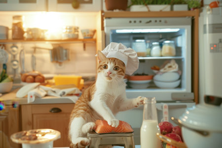 A cat wearing a chef's hat is standing in front of a refrigerator. The cat is looking inside the refrigerator and he is curious about what's inside. The image has a playful and lighthearted moodの素材
