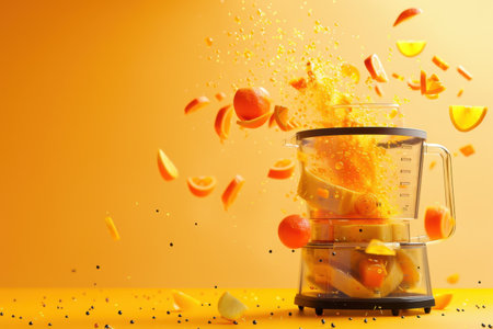 A blender full of fruits and vegetables. The blender is green and has a yellow lid. The fruits and vegetables are chopped up and ready to be blendedの素材