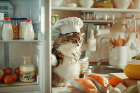 A cat wearing a chef's hat is standing in front of a refrigerator. The cat is looking inside the refrigerator and he is curious about what's inside. The image has a playful and lighthearted moodの素材