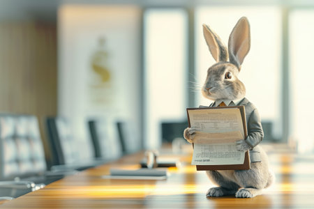 A rabbit is sitting on top of a pile of papers. The rabbit is looking up at the camera, and the scene has a playful and lighthearted mood with Generative AIの素材